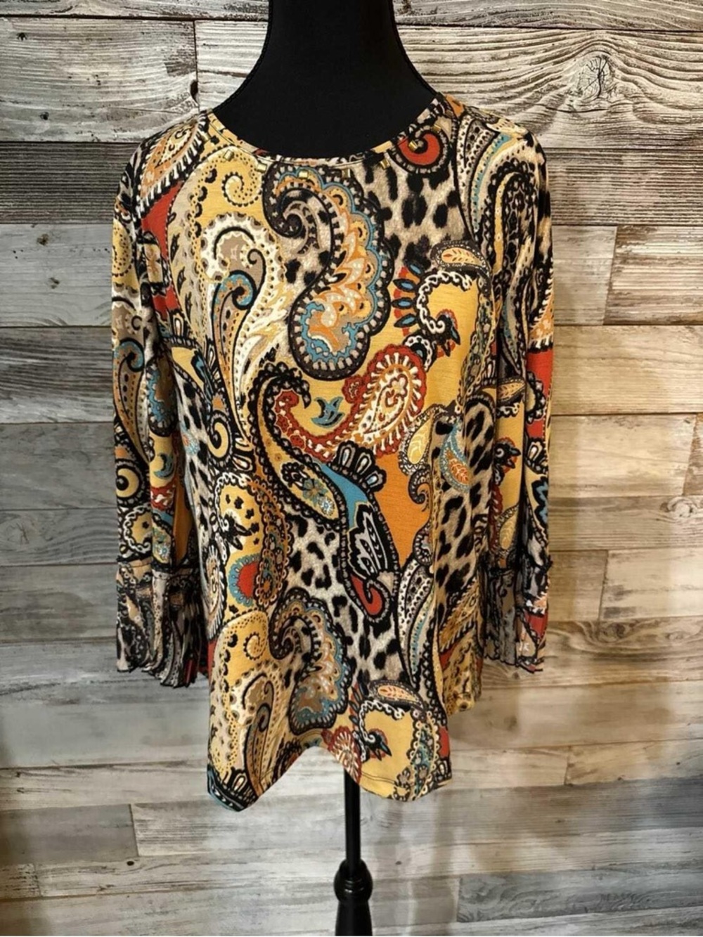 Multiples Paisley & Animal Print Long Sleeve Top - Yellow, Black, Cream